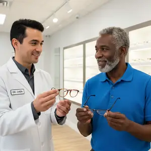 An optometrist named Dr. Chen is showing a patient a pair of glasses.