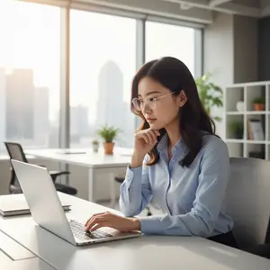 A woman in a blue shirt works on a laptop while sitting at a desk in an office room.