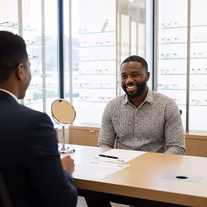 Two men are having a conversation at a desk with a mirror and papers. One man is wearing a suit and the other is wearing a gray shirt. Behind them are shelves with glasses on display. The man in the suit is looking at the man in the gray shirt, who is smiling.