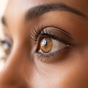 Close up of woman's eye with eyelashes and iris visible