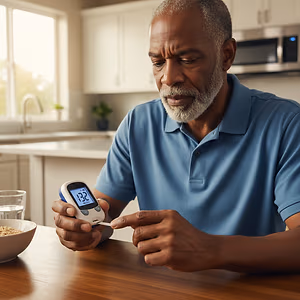 Man sitting in a kitchen using a blood glucose meter