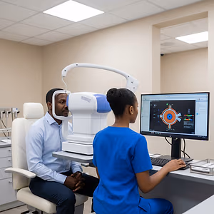 An optometrist examines a patient's eye while sitting at a computer with a monitor displaying an eye image