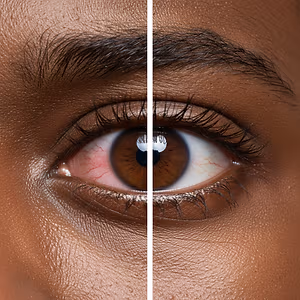 A split image showing one eye with blood vessels and the other without, likely illustrating a medical condition or treatment effect.