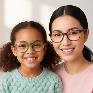 A young girl and an adult woman are both wearing glasses and smiling for a photo.