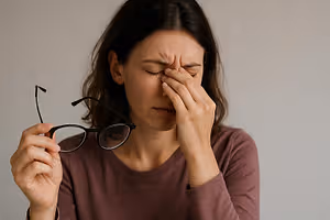 A woman with her eyes closed holding a pair of glasses