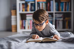 A young boy wearing glasses is reading a book while lying on a bed with a blanket