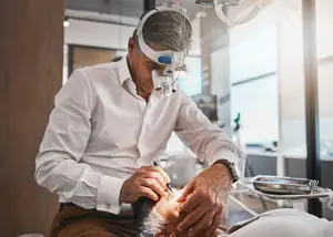 An older man with a mask on his head is looking at a man who is lying on the floor in front of him in a dental clinic.
