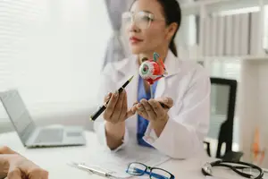 Doctor showing an eye model to a patient in an office