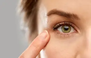 A woman touching her eye while wearing makeup with a gray background