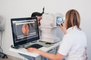 A woman is checking a man's eye using a machine in a clinic