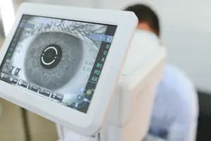 Close up of an eye exam machine screen with the eye in focus, showing the word data and other information