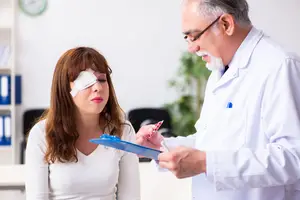 A woman with a bandaged eye consults with a doctor in a white coat in a clinic.