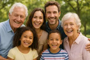 A family of four generations together smiling for a picture in a park. The older couple and their two children are standing together and smiling for the camera.