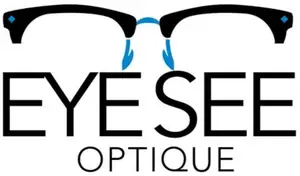Eye See Optique logo featuring a stylized pair of glasses with blue accents