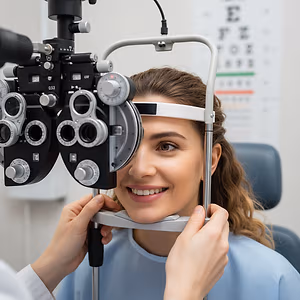 Close up of a smiling woman having her eyes examined in an optometrist's office