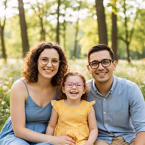 A mother, father, and daughter all wearing glasses sitting together in a field with trees in the background.