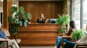 woman at a wooden front desk talking to two women sitting in chairs in front of her