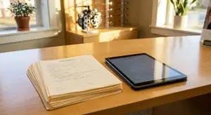 A stack of paper intake forms on a desk next to an iPad with a cabinet and plants in the background