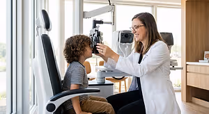 Optometrist examining a young child's eye in a clinic