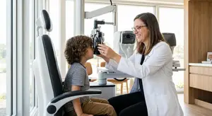 Optometrist examining a young child's eye in a clinic