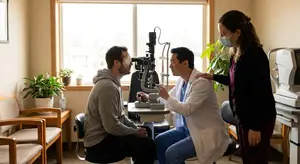A man is having his eye examined by an eye doctor and his wife is standing by his side.