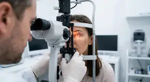 A doctor examining a woman's eyes in a clinic