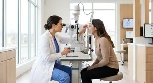 A woman in a lab coat examines a woman's eyes using an eye examination machine in an eye clinic.
