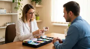 A woman optometrist consults with a male patient about contact lenses.