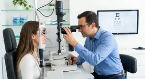 An optometrist examines a woman's eyes using a slit lamp in an office.