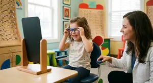 A young girl is trying on a pair of glasses in a child-friendly eye care clinic with a female doctor.