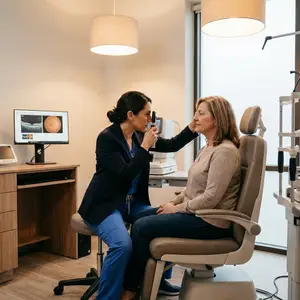 a woman is looking at a patient's eye with an ophthalmoscope in a modern medical office