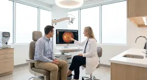 A doctor in a white coat discusses eye health with a patient in a medical office.