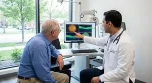 An older man in a blue shirt sits next to a male doctor in a white lab coat who is pointing to a computer monitor showing an eye. The doctor is wearing a stethoscope.