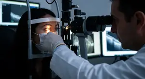 A medical doctor examining a woman's eyes with a slit lamp in a clinical setting.