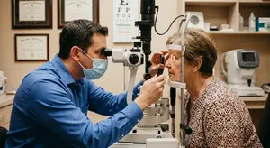 Optometrist examining patient's eye using a retinoscope in a modern eye care clinic.