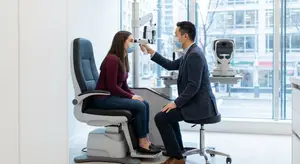 a man is doing an eye test on a woman while wearing a mask