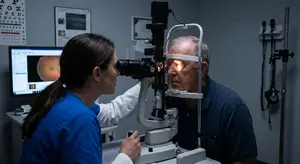 An older man getting his eye examined by a woman in a blue shirt
