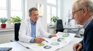 A doctor talks to a patient about eye health in a medical office