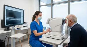 A woman wearing a blue scrub suit and a face mask is using a machine to examine a patient's eye