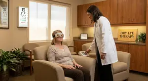 An adult woman in a chair wearing goggles is being examined by an adult woman wearing a lab coat in a room with a sign that reads Dry Eye Therapy