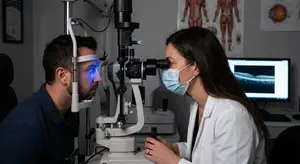 A woman wearing a lab coat and mask examines a man's eyes using a ophthalmoscope