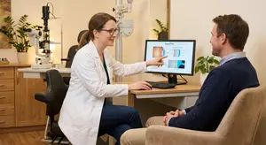 A doctor points at a computer screen showing a tear film while speaking to a patient
