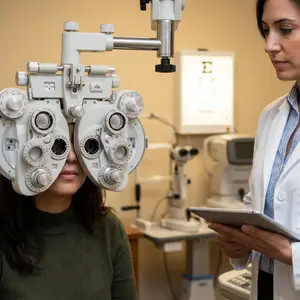 A woman in a green sweater is undergoing an eye exam at an optometrist's office with a female doctor.