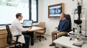 Two men sitting in a medical office, one man wearing a lab coat is using a laptop, the other man is looking at the laptop screen while speaking to the man in the lab coat