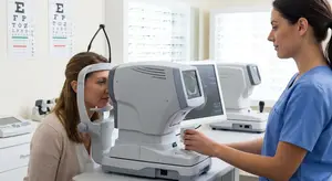 A woman looks into an eye exam machine as an optometrist adjusts the machine behind her.