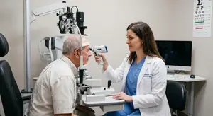 An optometrist is performing an eye examination on an elderly male patient.