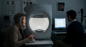 An elderly woman undergoing an eye examination using advanced medical equipment in a dimly lit room.