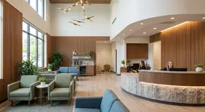 A waiting area with wood and gray walls, a reception desk with a receptionist, and a wooden cabinet with plants and toys on the desk