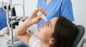 Woman having her eyes examined by an optician with a magnifying lens and drops