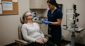 A woman sitting in a chair with an eye mask on while a doctor stands next to her wearing a blue uniform, blue gloves, and a watch, with an eye machine behind her.